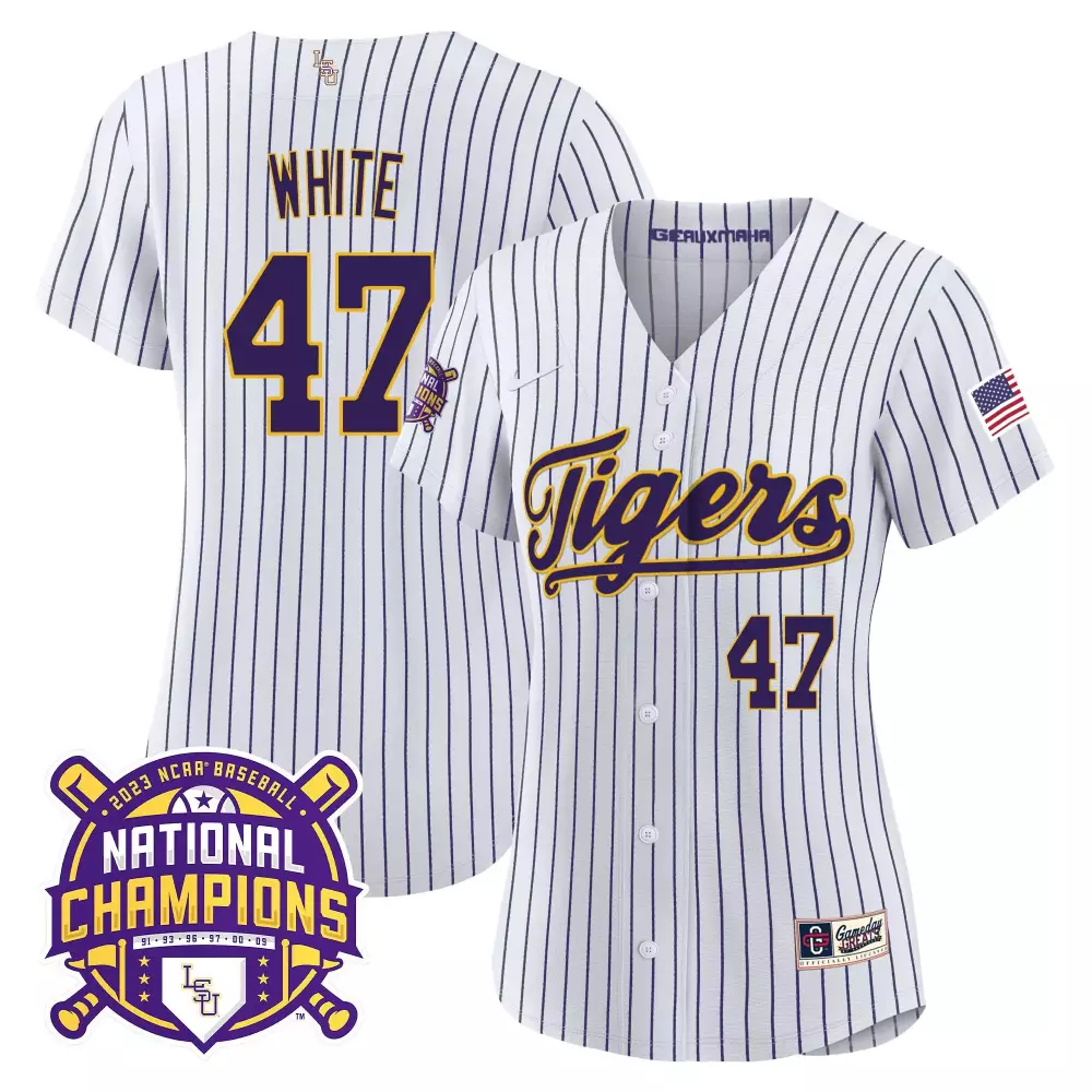 tommy white pinstripe mens lsu tigers 2023 national champions gold cool jersey v5 all stitched