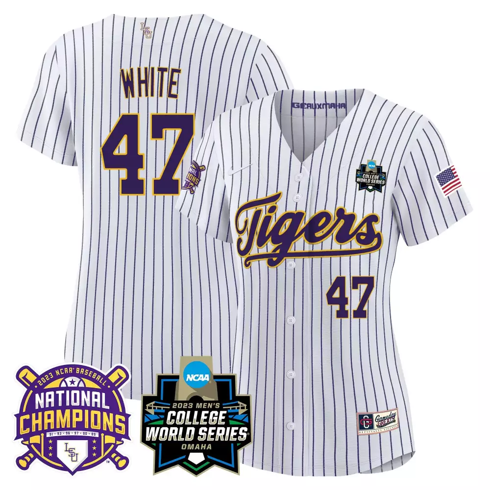 tommy white pinstripe mens lsu tigers 2023 national champions gold cool jersey v5 all stitched