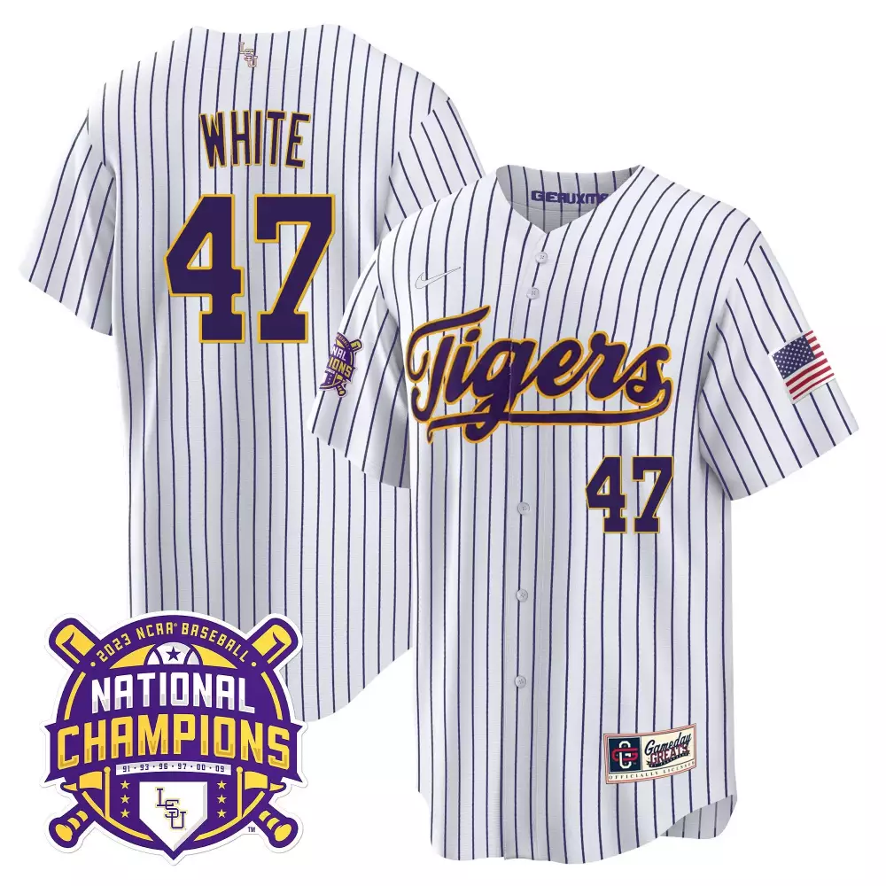 tommy white pinstripe youths lsu tigers 2023 national champions gold cool jersey all stitched