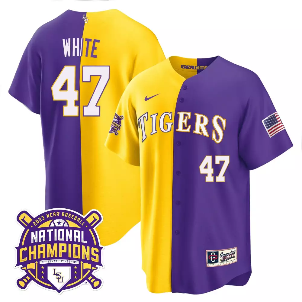 tommy white pinstripe youths lsu tigers 2023 national champions gold cool jersey all stitched