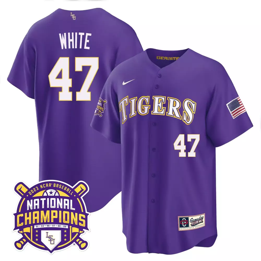 tommy white purple mens lsu tigers 2023 national champions gold cool jersey v2 all stitched