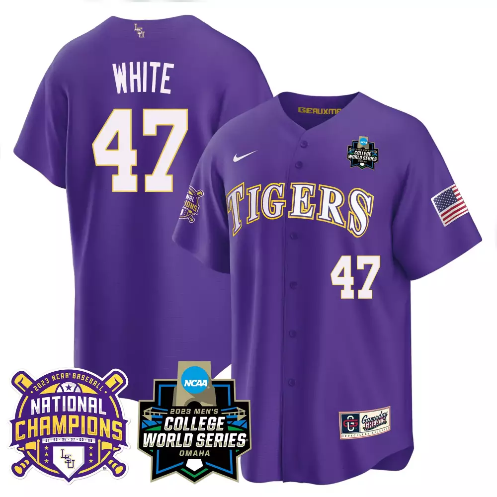 tommy white purple mens lsu tigers 2023 national champions gold cool jersey v2 all stitched