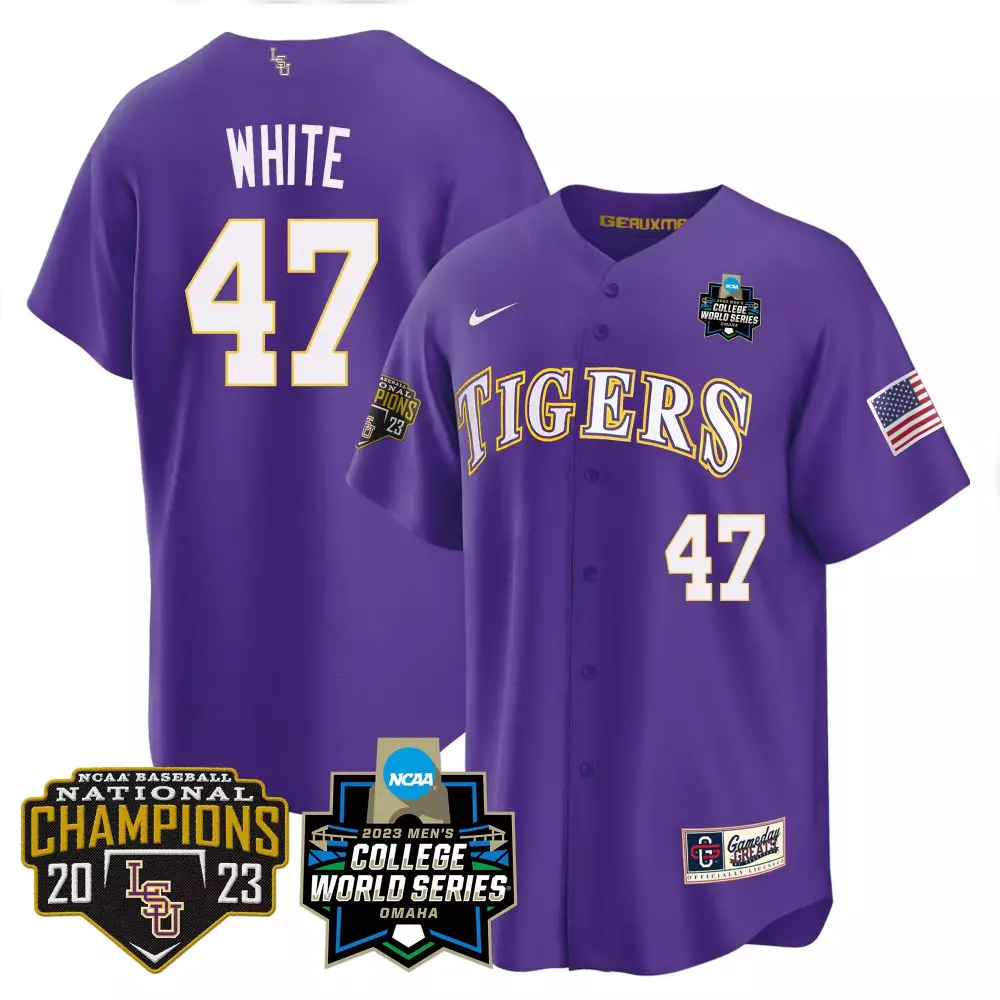 tommy white purple mens lsu tigers 2023 national champions gold cool jersey v2 all stitched
