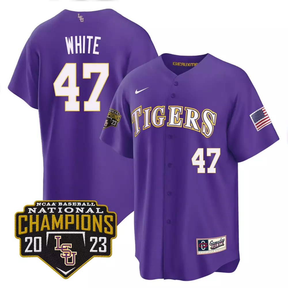 tommy white purple mens lsu tigers 2023 national champions gold cool jersey v2 all stitched
