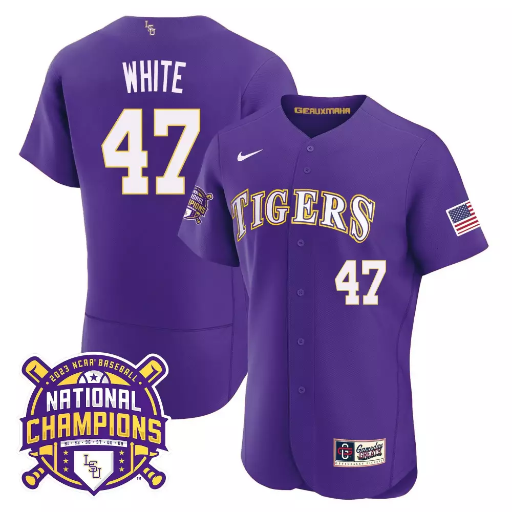 tommy white purple mens lsu tigers 2023 national champions gold cool jersey v2 all stitched