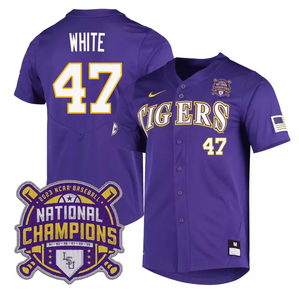 tommy white purple mens lsu tigers 2023 national champions jersey all stitched