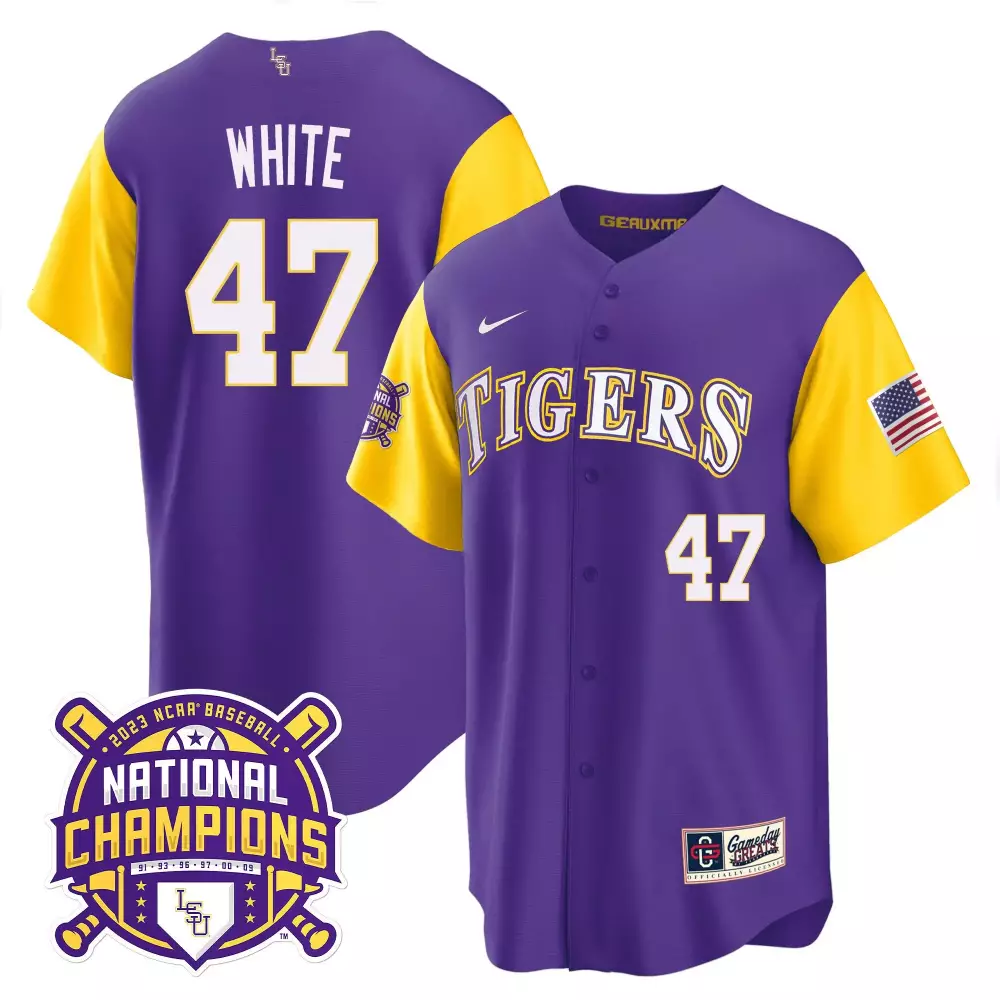 tommy white purple mens lsu tigers 2023 national champions jersey all stitched
