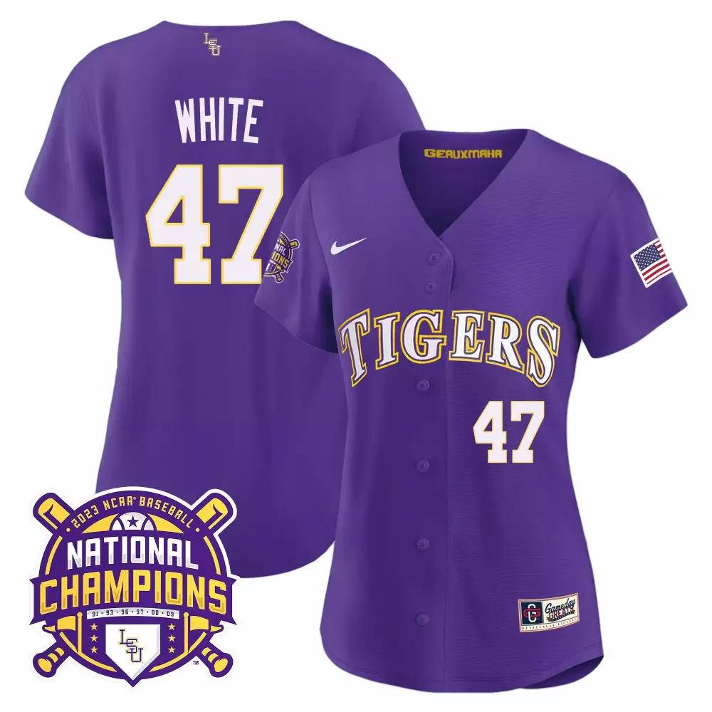 tommy white purple womens lsu tigers 2023 national champions gold cool jersey all stitched