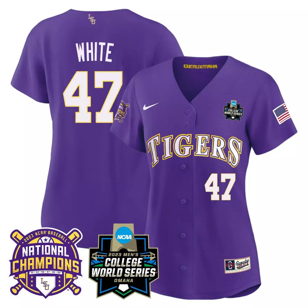tommy white purple womens lsu tigers 2023 national champions gold cool jersey all stitched