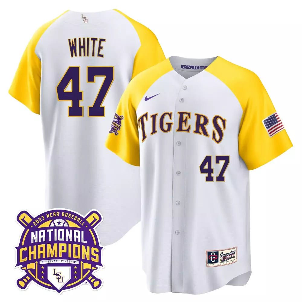 tommy white white alternate mens lsu tigers 2023 champions alternate color sleeves jersey all stitched