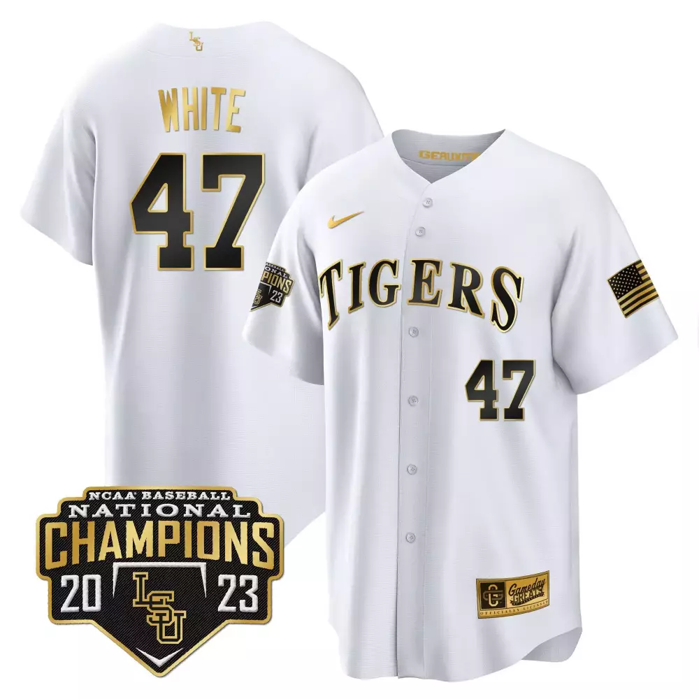 tommy white white gold mens lsu tigers 2023 national champions gold cool jersey v5 all stitched