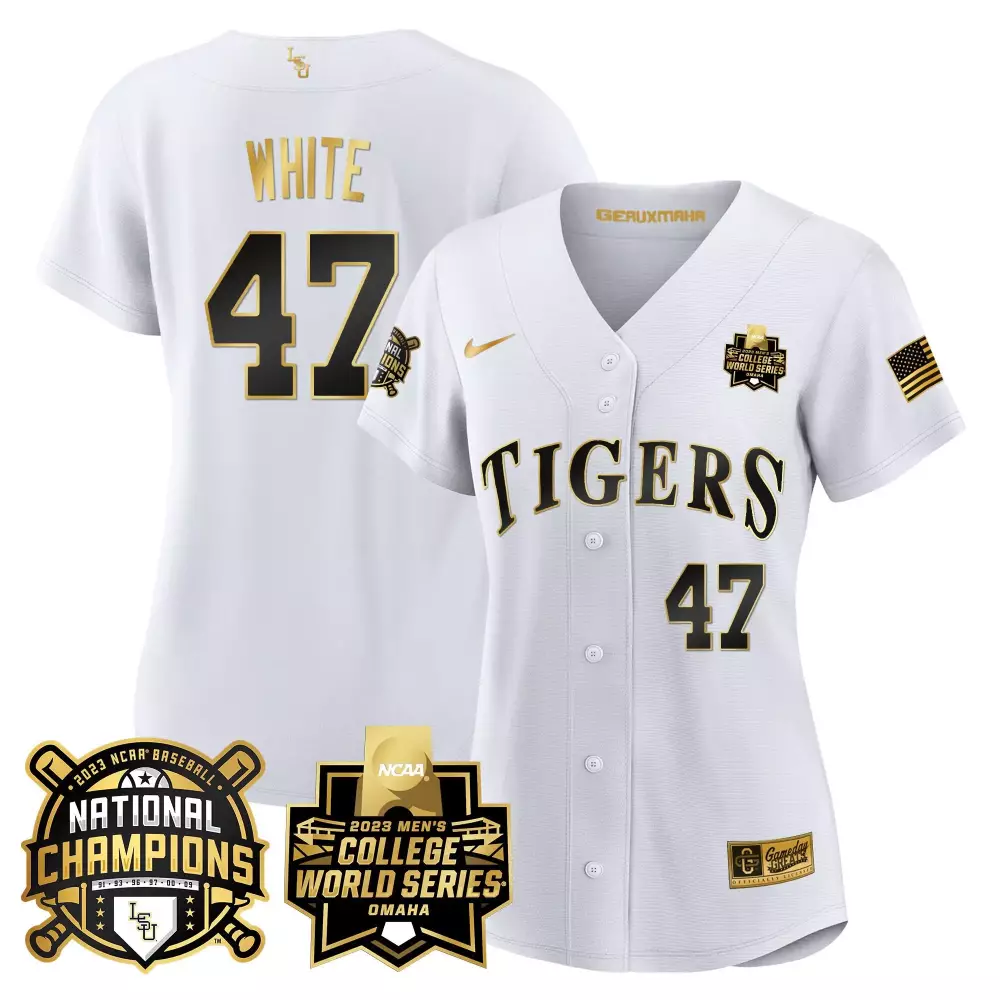 tommy white white gold womens lsu tigers 2023 national champions gold jersey v3 all stitched
