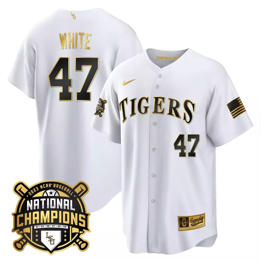 tommy white white gold womens lsu tigers 2023 national champions gold jersey v3 all stitched