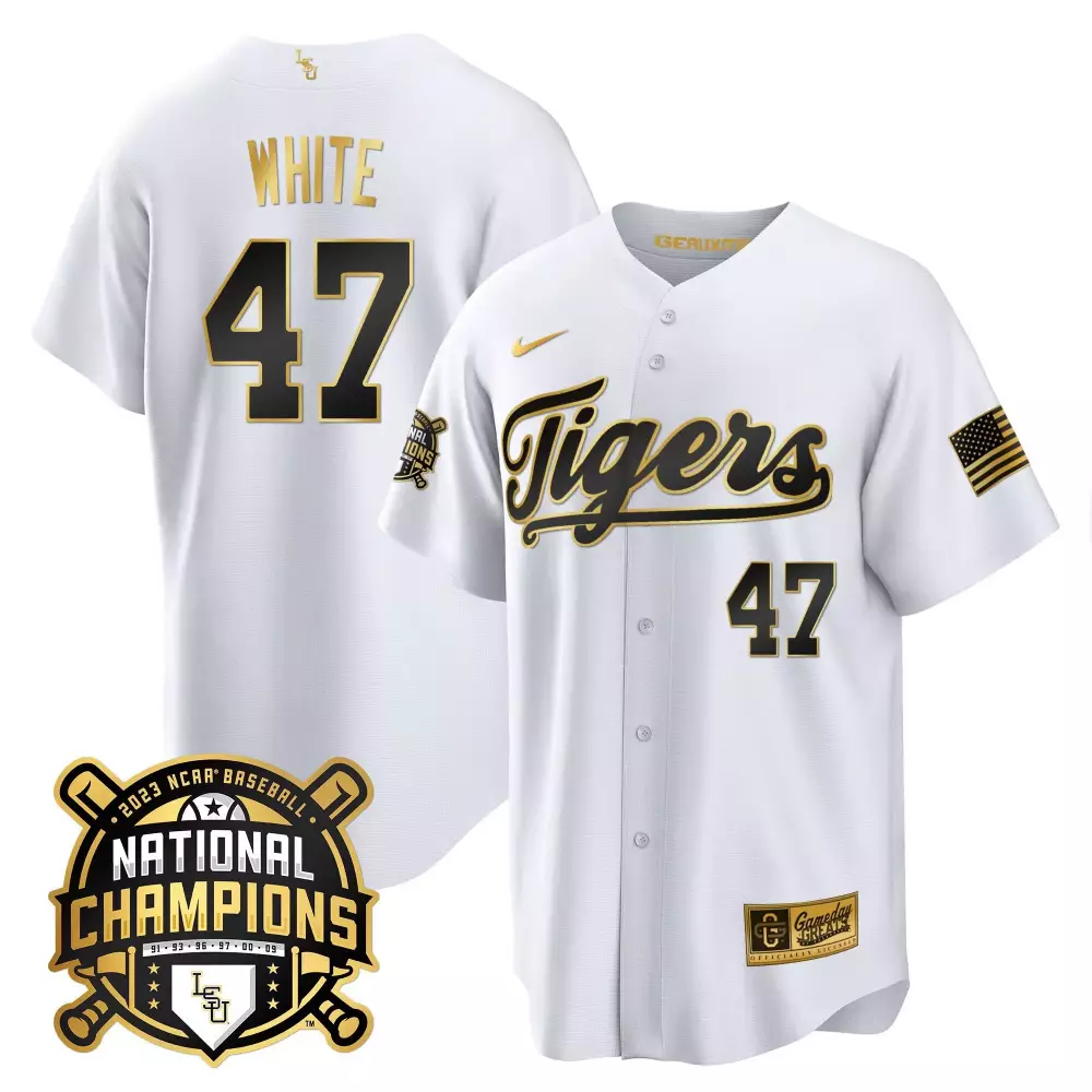tommy white white gold womens lsu tigers 2023 national champions gold jersey v3 all stitched