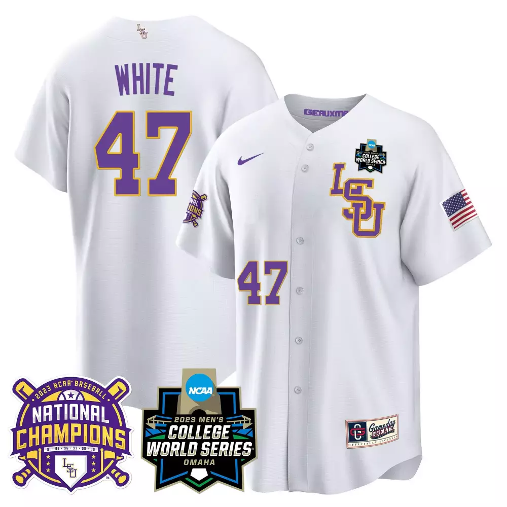 tommy white white lsu mens lsu tigers 2023 national champions gold cool jersey v3 all stitched