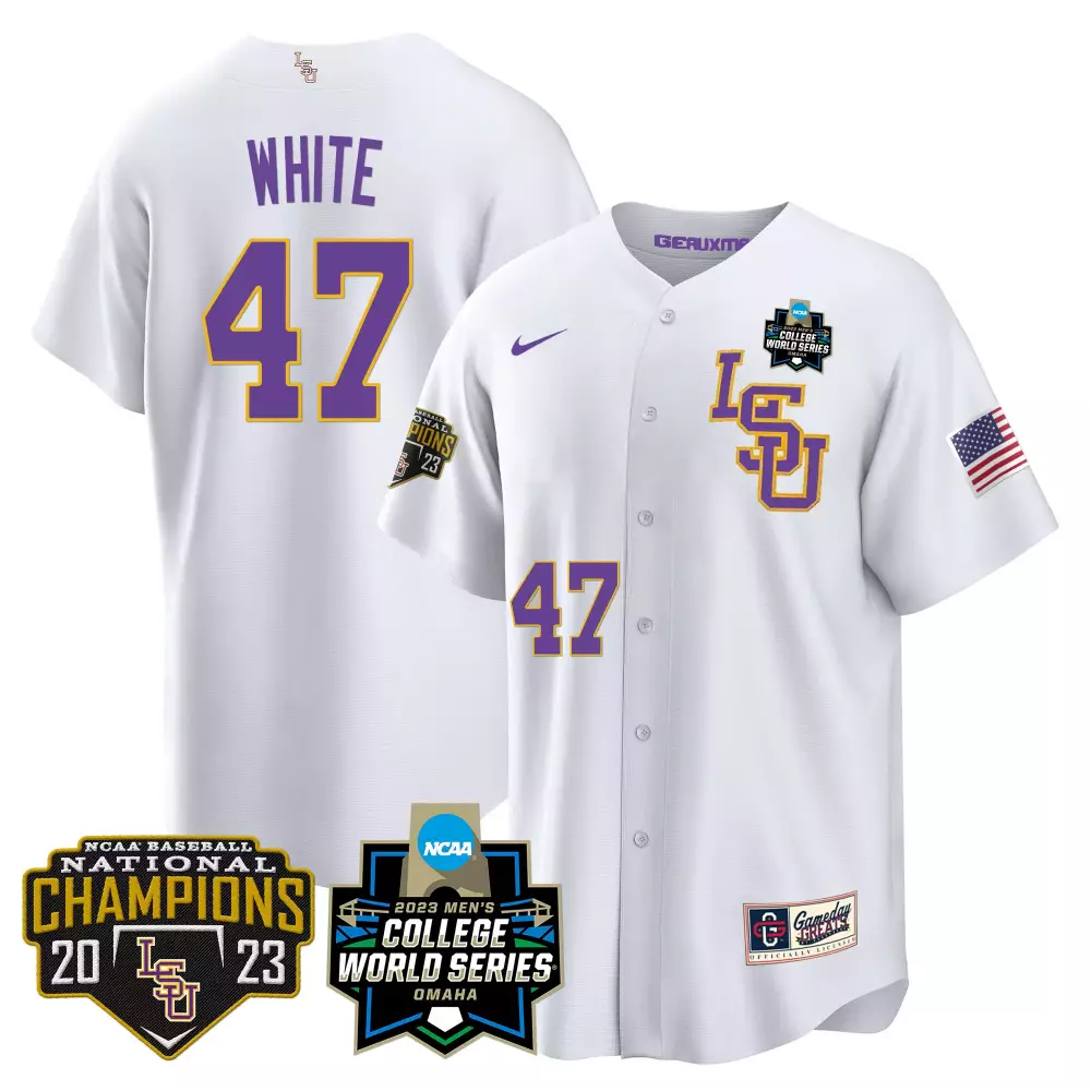 tommy white white lsu mens lsu tigers 2023 national champions gold cool jersey v3 all stitched