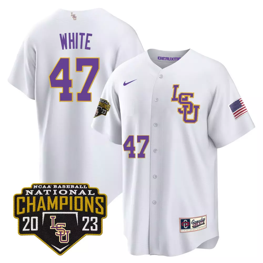 tommy white white lsu mens lsu tigers 2023 national champions gold cool jersey v3 all stitched