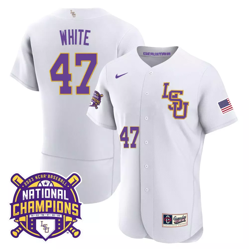 tommy white white lsu mens lsu tigers 2023 national champions gold cool jersey v3 all stitched