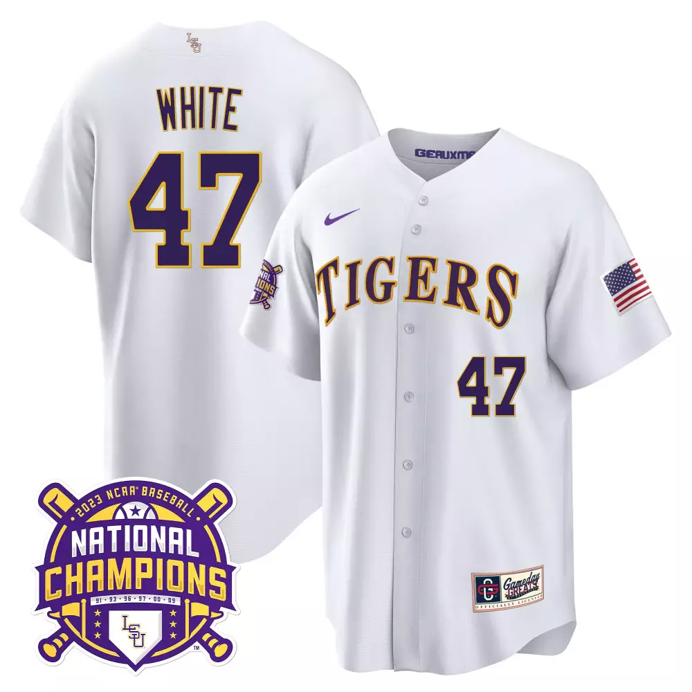tommy white white mens lsu tigers 2023 national champions gold cool jersey v2 all stitched