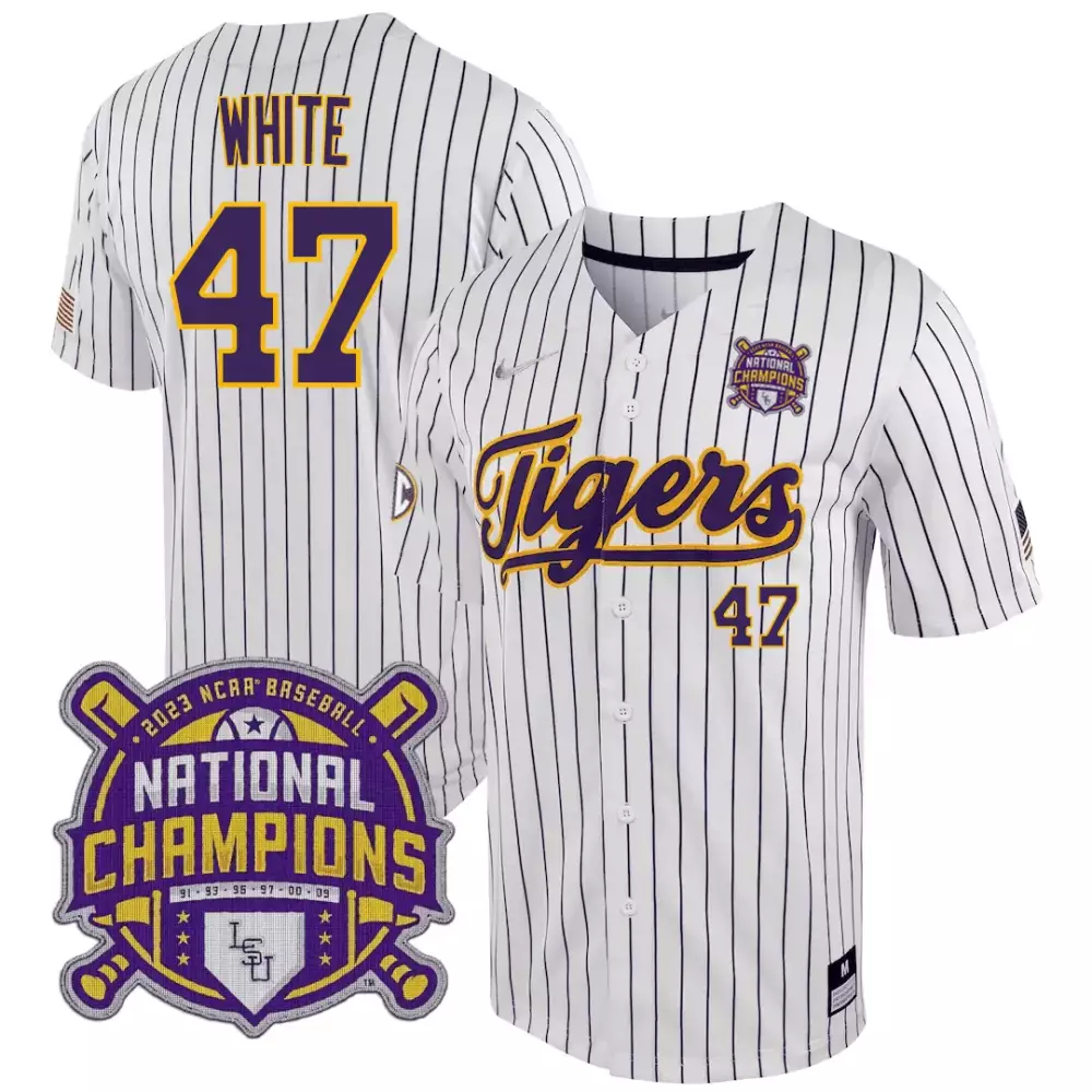 tommy white white stripe mens lsu tigers 2023 national champions jersey all stitched