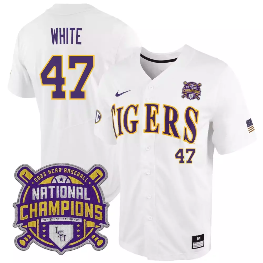 tommy white white stripe mens lsu tigers 2023 national champions jersey all stitched