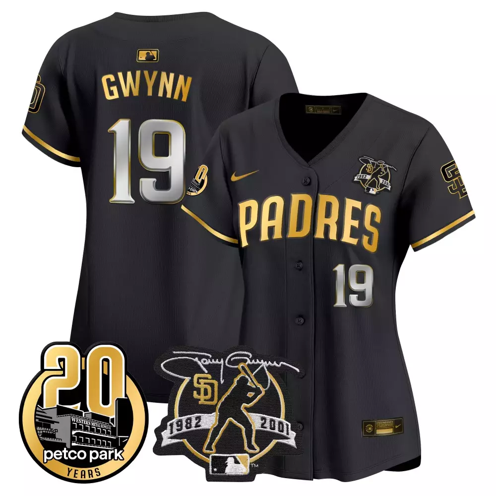 tony gwynn black gold womens san diego padres tony gwynn petco park 20th patch vapor premier limited jersey all stitched