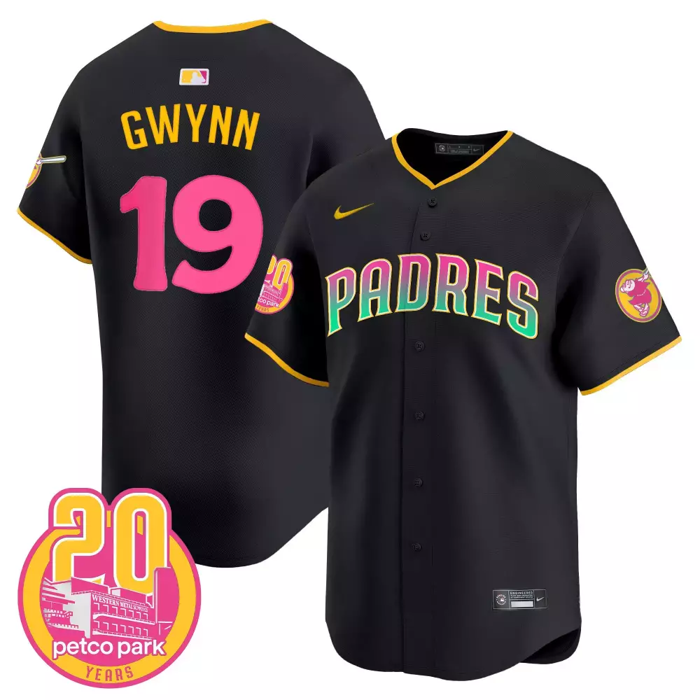 tony gwynn black gold womens san diego padres tony gwynn petco park 20th patch vapor premier limited jersey all stitched