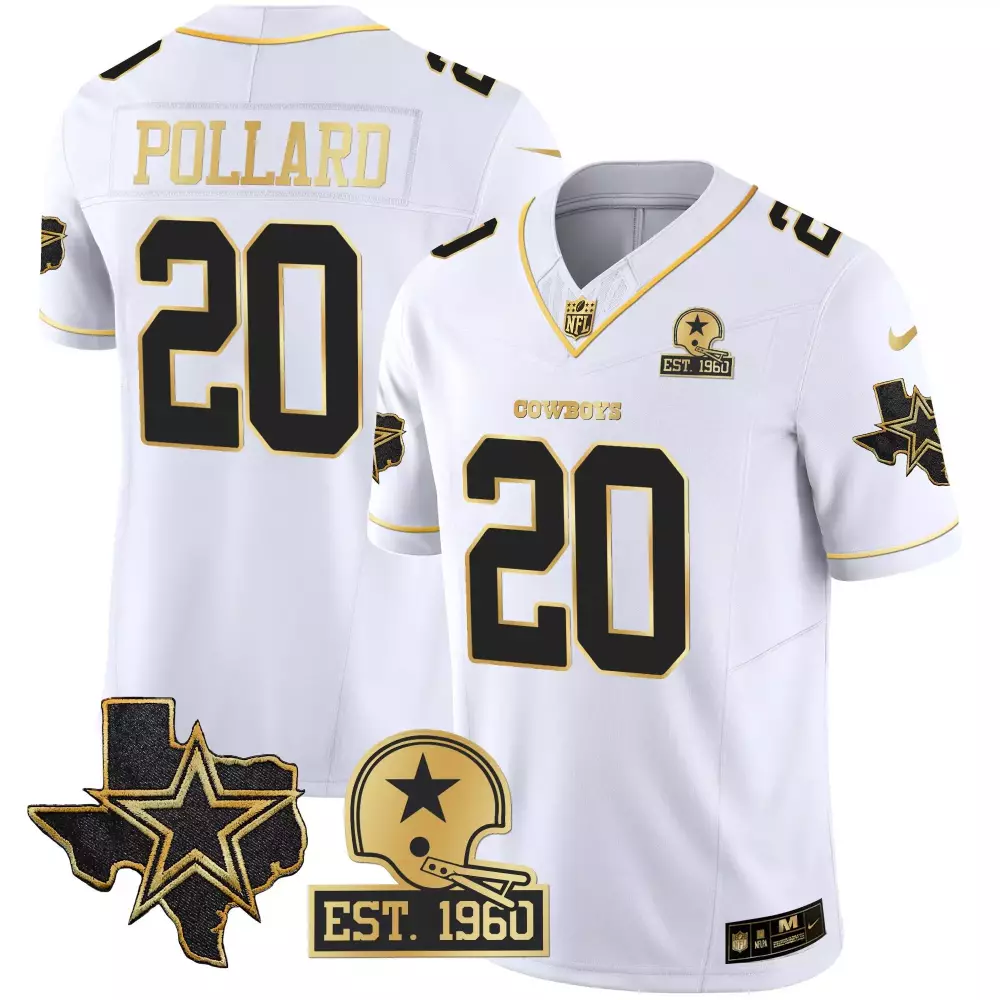 Tony Pollard Texas Patch Jersey | White Gold Vapor Style | Dallas Cowboys Fan Gear | For Men, Women & Youth