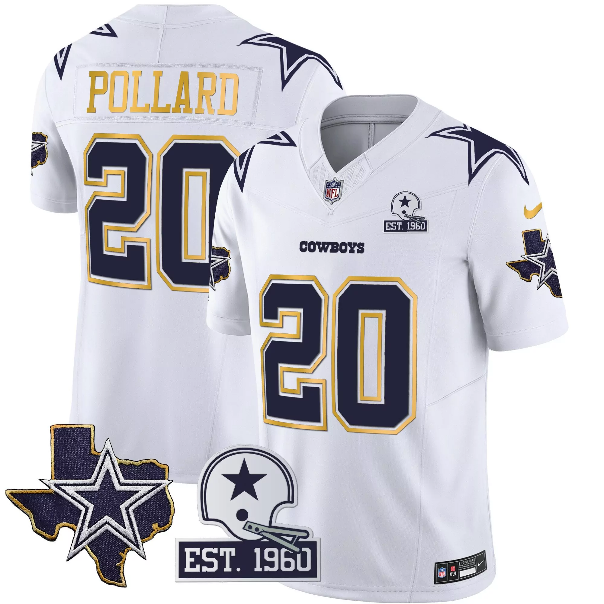 tony pollard white mens dallas cowboys texas patch gold trim vapor jersey all stitched