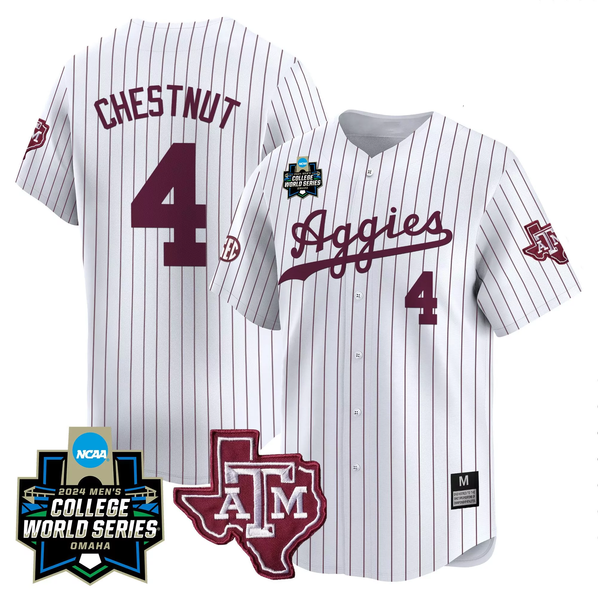 travis chestnut white pinstripe mens texas am aggies 2024 college world series vapor premier limited jersey all stitched