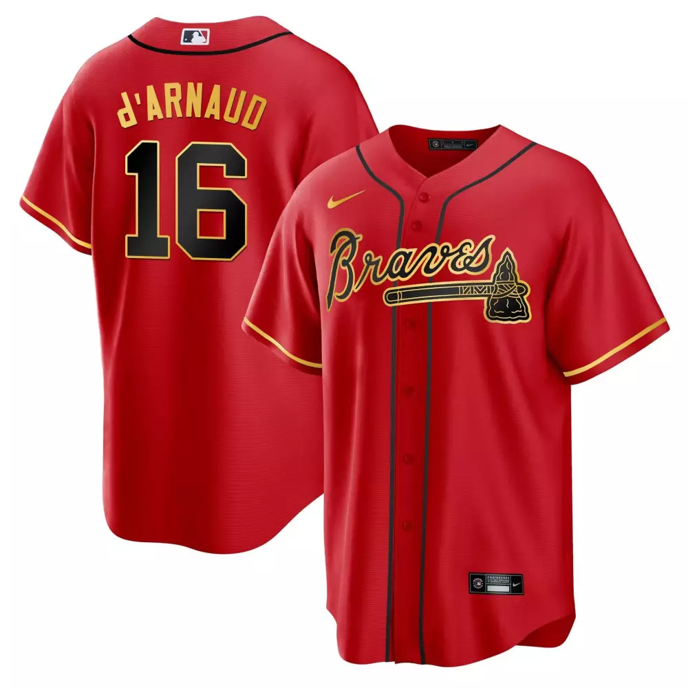 travis darnaud cool red mens atlanta braves gold trim jersey all stitched