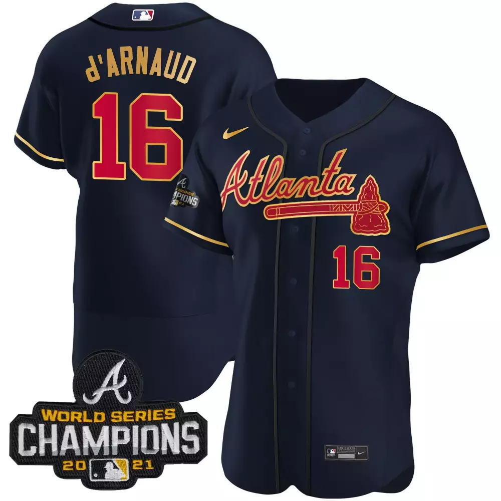 travis darnaud flex navy mens atlanta braves champions patch gold trim jersey all stitched