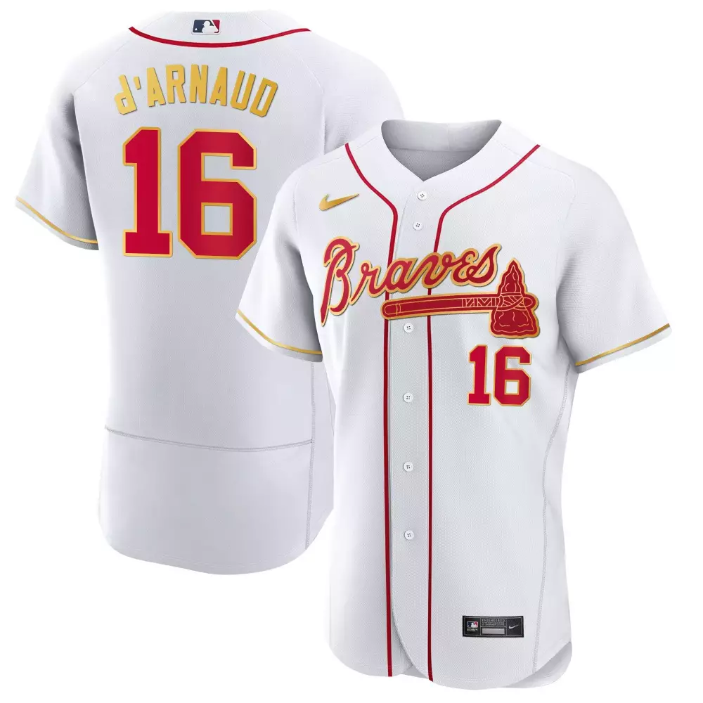 travis darnaud flex white mens atlanta braves gold trim jersey all stitched