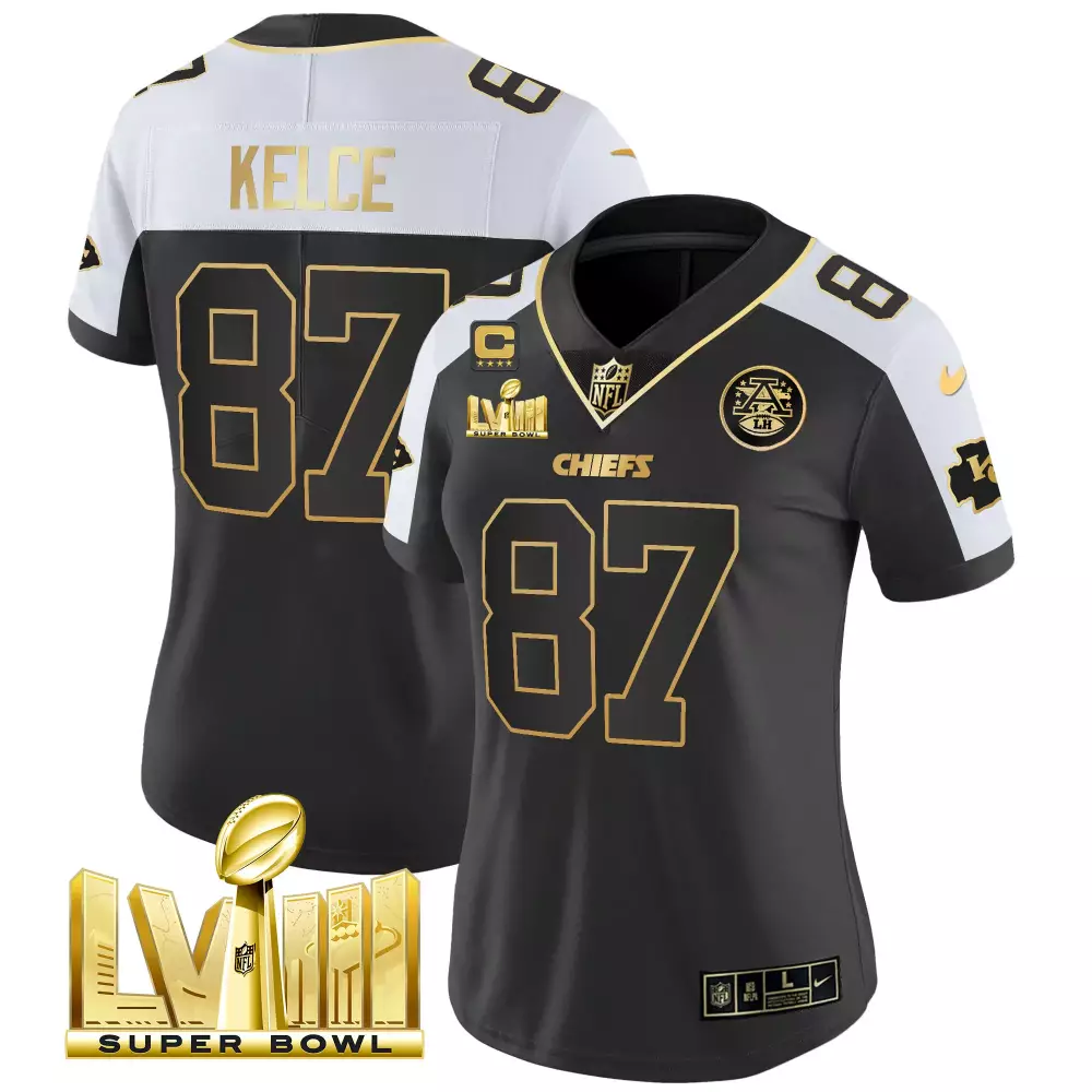 travis kelce alternate womens kansas city chiefs super bowl lviii gold patch vapor jersey v4 all stitched