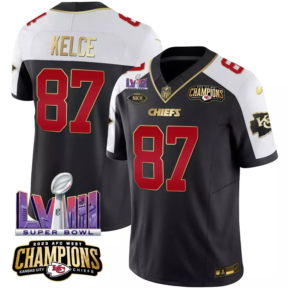 Travis Kelce Black Alternate 2023 Kansas City Chiefs Stitched Vapor Jersey | AFC West Champions Super Bowl LVIII Patch | For Men, Women & Youth