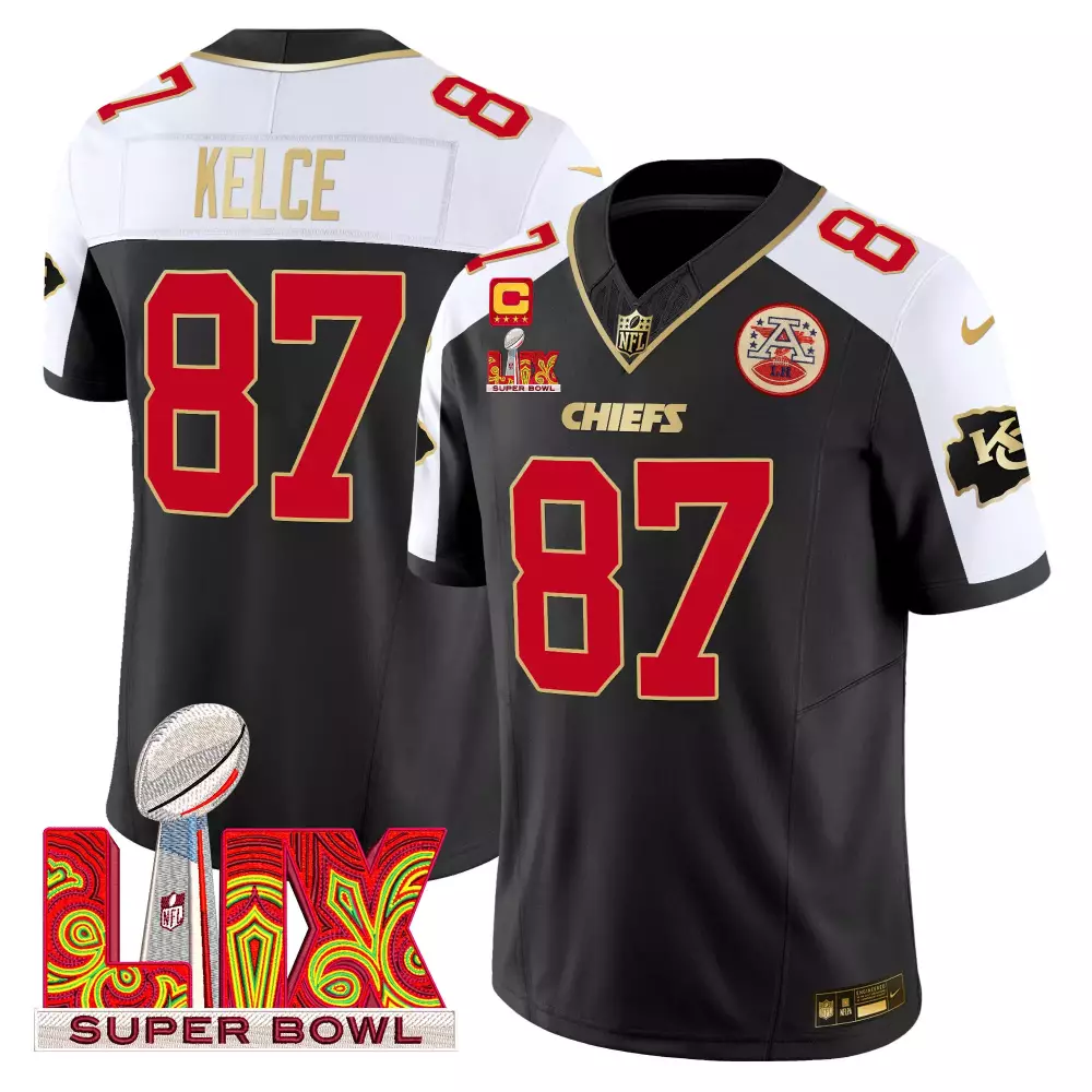 Travis Kelce Black Alternate 2023 Kansas City Chiefs Stitched Vapor Jersey | Super Bowl LIX Patch Gold Trim | For Men, Women & Youth