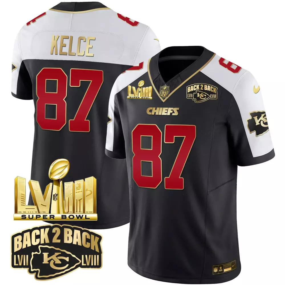 Travis Kelce Black Alternate 2023 Kansas City Chiefs Stitched Vapor Jersey | Super Bowl LIX Patch Gold Trim | For Men, Women & Youth