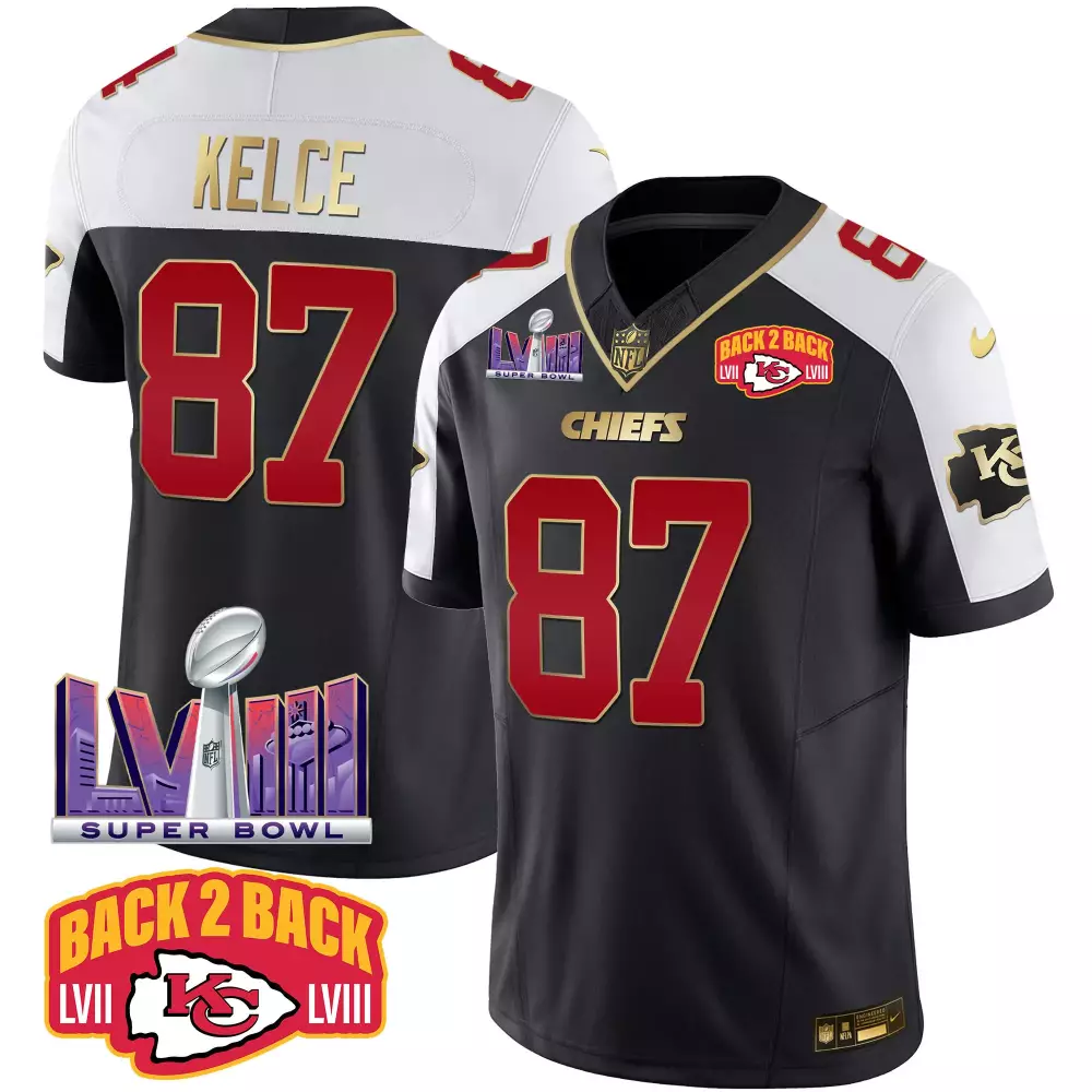 Travis Kelce Black Alternate 2023 Kansas City Chiefs Stitched Vapor Jersey | Super Bowl LIX Patch Gold Trim | For Men, Women & Youth