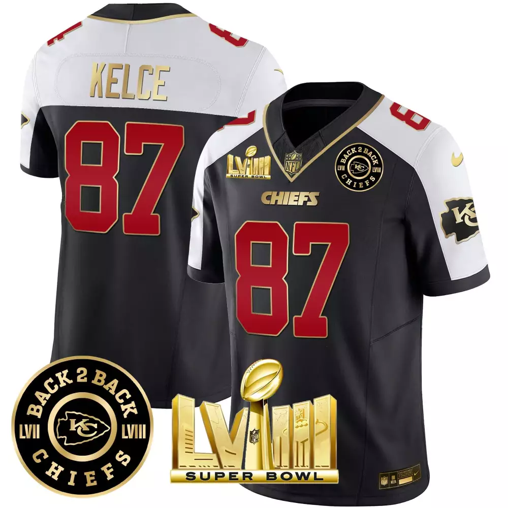 Travis Kelce Black Alternate 2023 Kansas City Chiefs Stitched Vapor Jersey | Super Bowl LIX Patch Gold Trim | For Men, Women & Youth