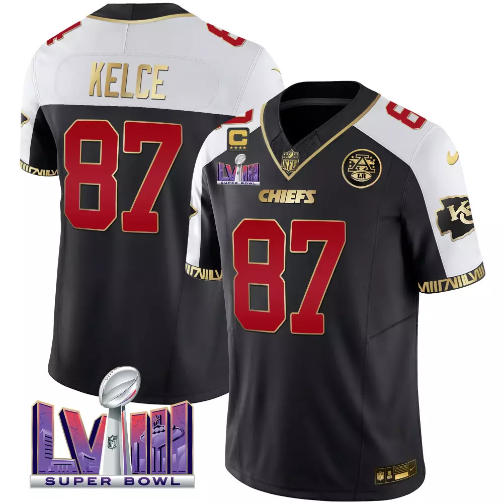 travis kelce black alternate mens kansas city chiefs super bowl lviii pattern gold vapor jersey v2 all stitched