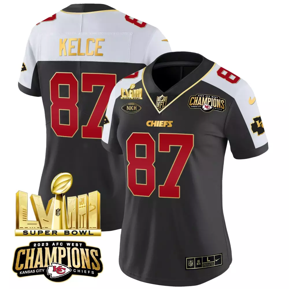 travis kelce black alternate mens kansas city chiefs super bowl lviii pattern gold vapor jersey v2 all stitched