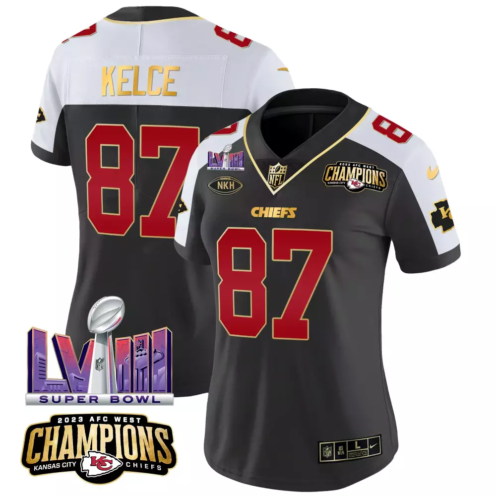Travis Kelce Women's Black Alternate Jersey | AFC West Champions Super Bowl LVIII Patch Vapor | Stitched for Men, Women & Youth