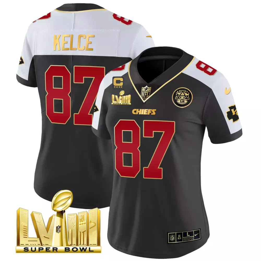 travis kelce black alternate womens kansas city chiefs super bowl lviii back 2 back patch vapor jersey v3 all stitched