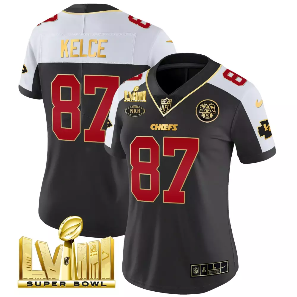 travis kelce black alternate womens kansas city chiefs super bowl lviii back 2 back patch vapor jersey v3 all stitched