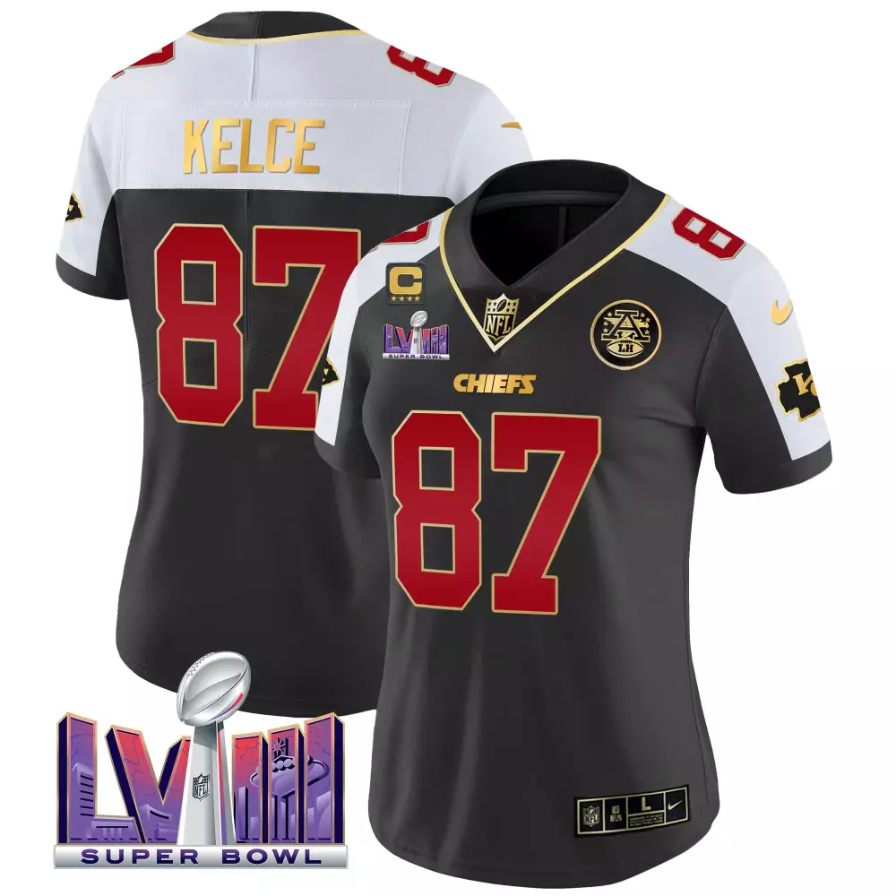 travis kelce black alternate womens kansas city chiefs super bowl lviii back 2 back patch vapor jersey v3 all stitched