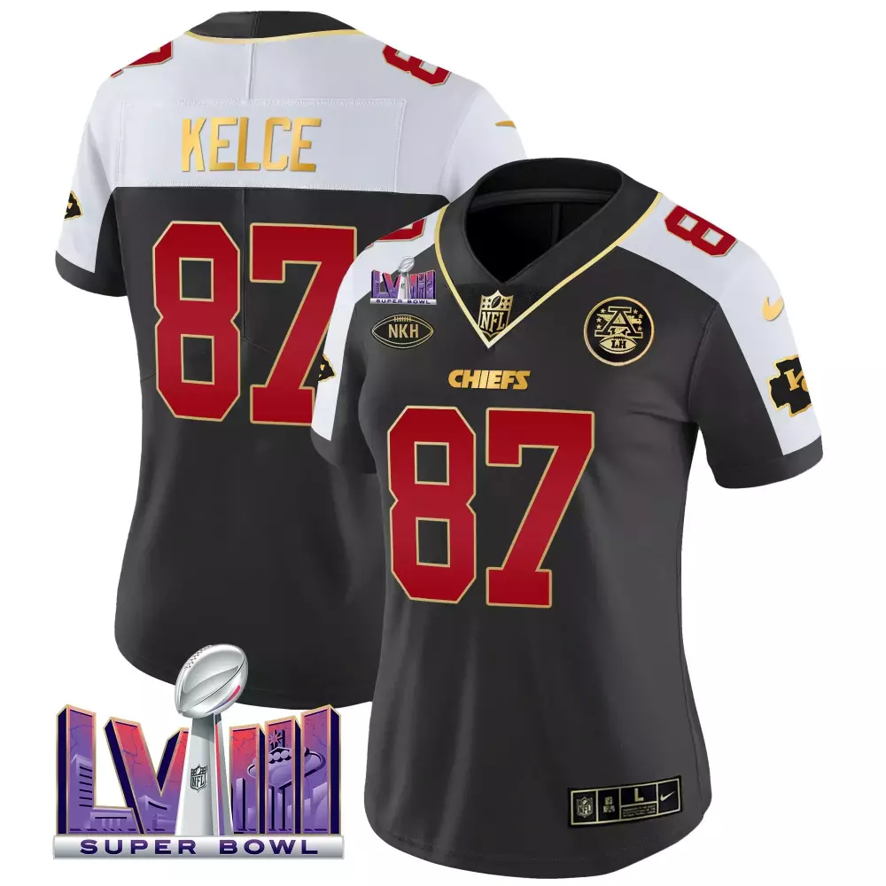 travis kelce black alternate womens kansas city chiefs super bowl lviii back 2 back patch vapor jersey v3 all stitched