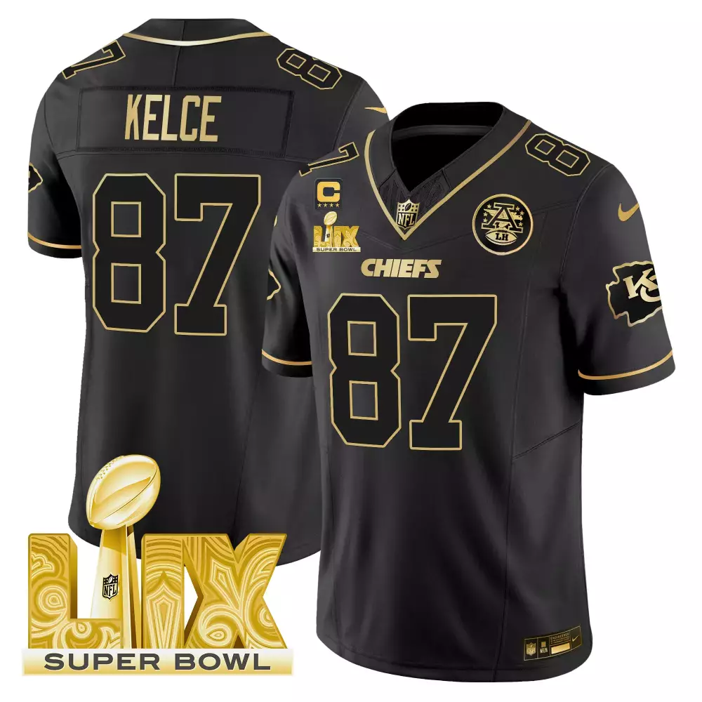 Travis Kelce Black Gold Men's Chiefs Super Bowl LIX Patch Jersey | Limited Edition Vapor Fan Gear | For Men, Women & Youth