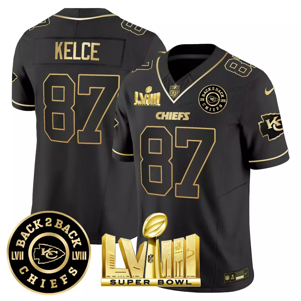 Travis Kelce Black Gold Men's Chiefs Super Bowl LVIII Back 2 Back Patch Jersey V4 | Stitched Vapor Fan Gear | For Men, Women & Youth