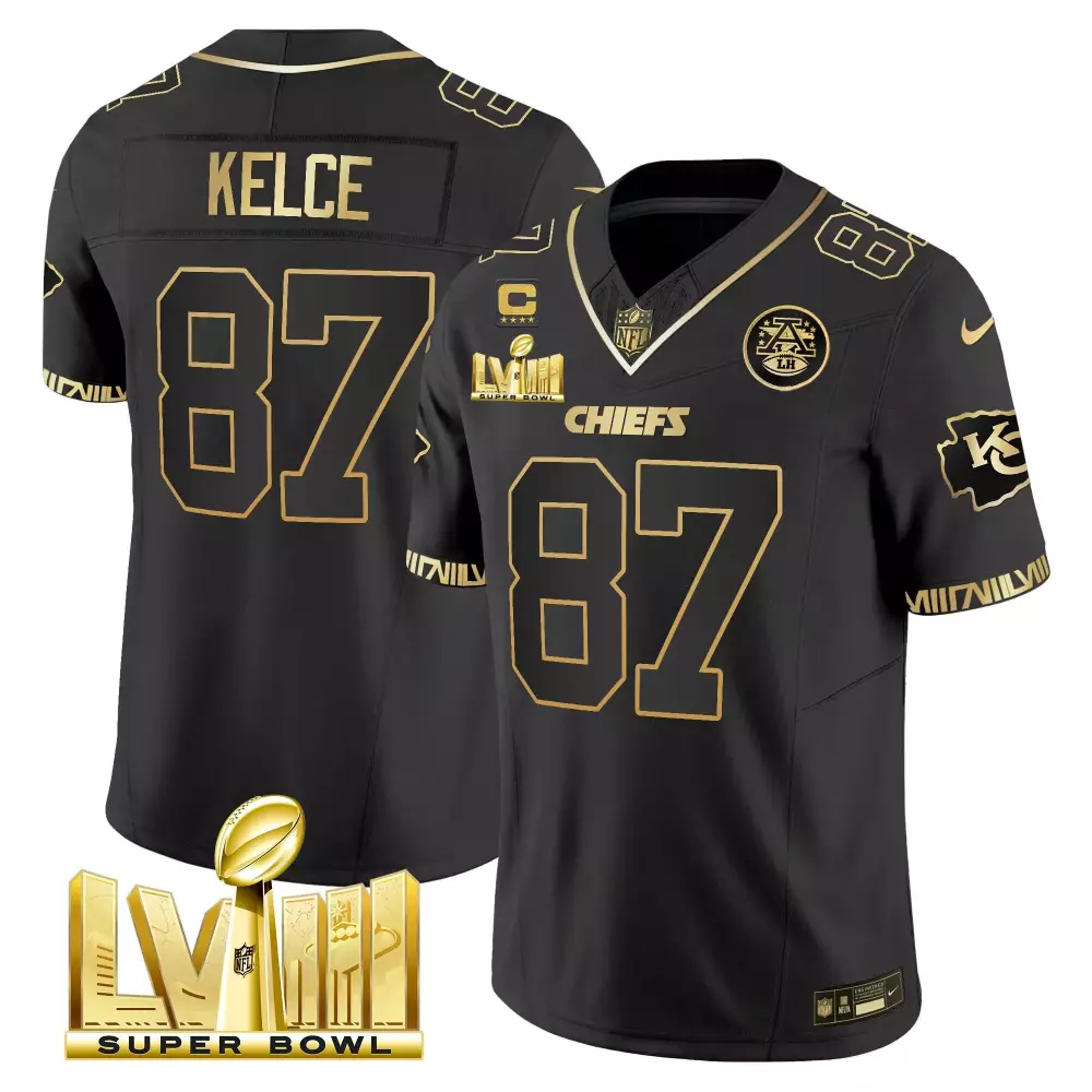 Travis Kelce Black Gold Men's Chiefs Super Bowl LVIII Pattern Gold Jersey | Stitched Vapor Fan Gear | For Men, Women & Youth