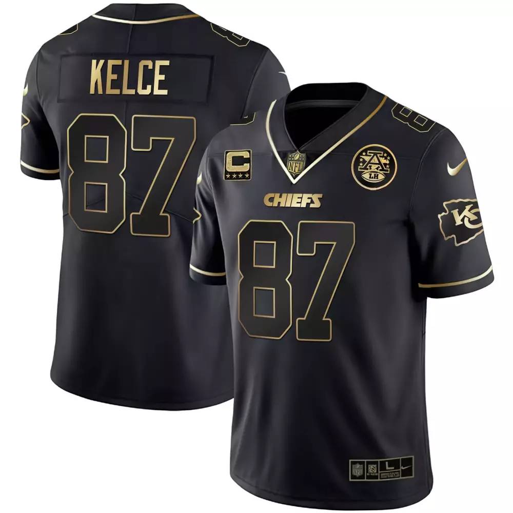 Travis Kelce Black Gold Men's Chiefs White Gold Black Jersey | Stitched Vapor Fan Gear | For Men, Women & Youth